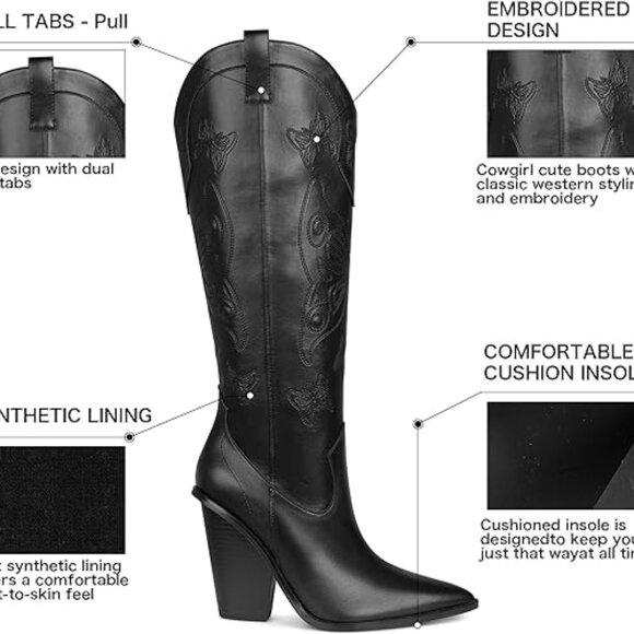 Womens Black Cowboy Boots with chunky heel - Picture 2 of 5